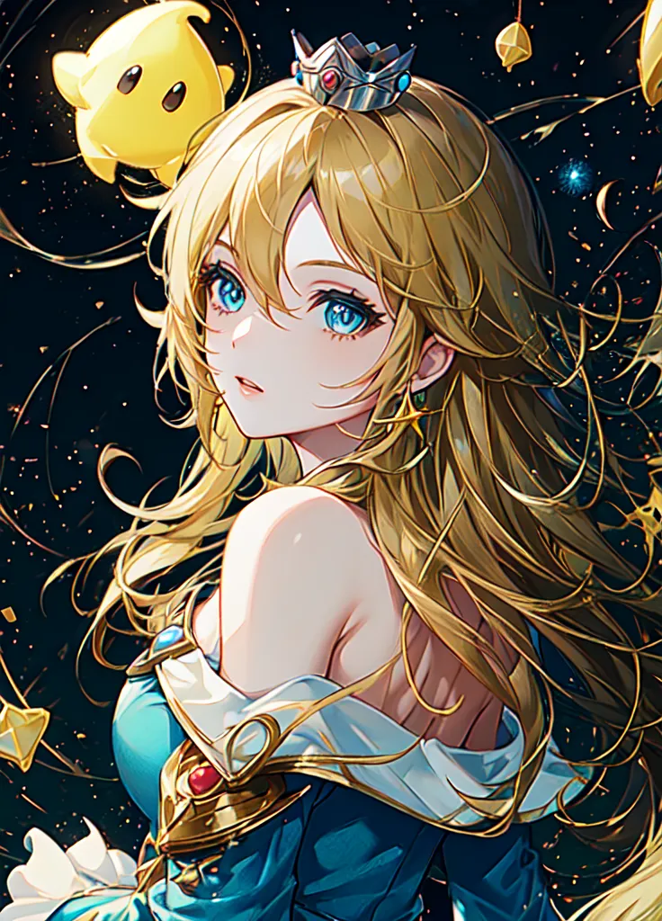 The image shows a young woman with long, flowing blonde hair. She is wearing a blue dress with a white underskirt and a gold crown on her head. She has blue eyes and is looking at the viewer with a slight smile on her face. There are stars and a yellow creature with the face of Mario floating around her. The background is dark blue with a starry night sky.