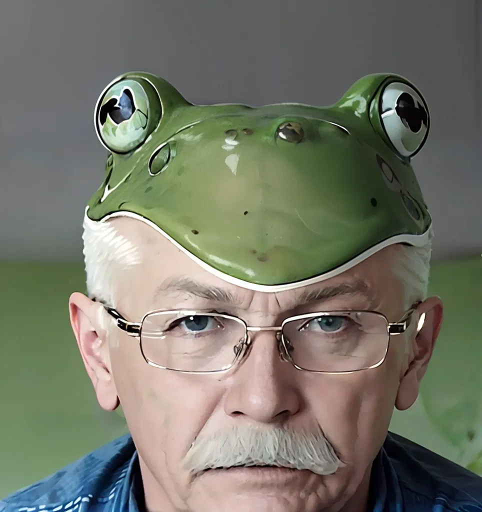 Um homem mais velho com cabelos brancos e bigode está usando um chapéu verde de sapo. O chapéu tem olhos de sapo realistas que saltam para fora. O homem está usando óculos e olhando para a câmera com uma expressão séria.