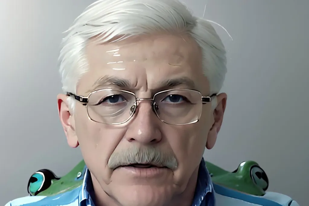 The image shows a man with white hair and a mustache wearing glasses. He is wearing a blue and white striped shirt. The man has a serious expression on his face. There are two small green frogs on his shoulders.