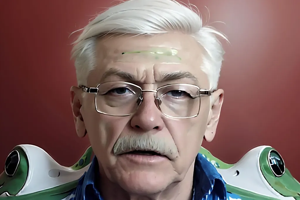 The image shows a man with white hair and mustache wearing glasses. He is wearing a blue shirt with white and green patterns and has two green frog toys on his shoulders. He has a green substance on his forehead. The man is sitting in front of a red background.