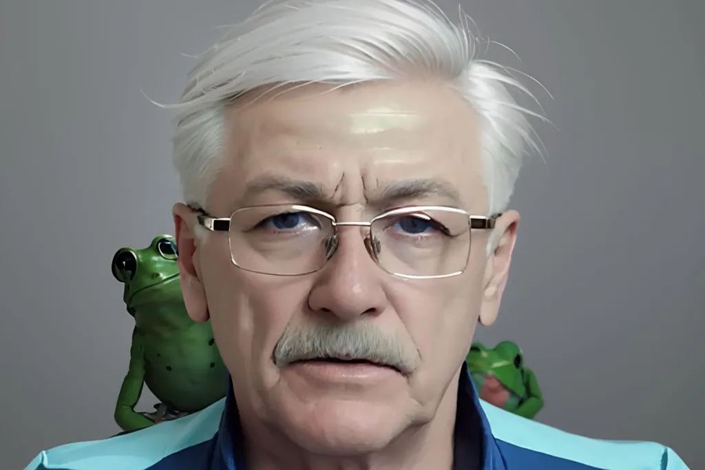 The image shows a man with white hair and mustache, wearing glasses. He has a serious expression on his face. There are two small green frogs on his shoulders. The man is wearing a blue and white tracksuit. The background is grey.