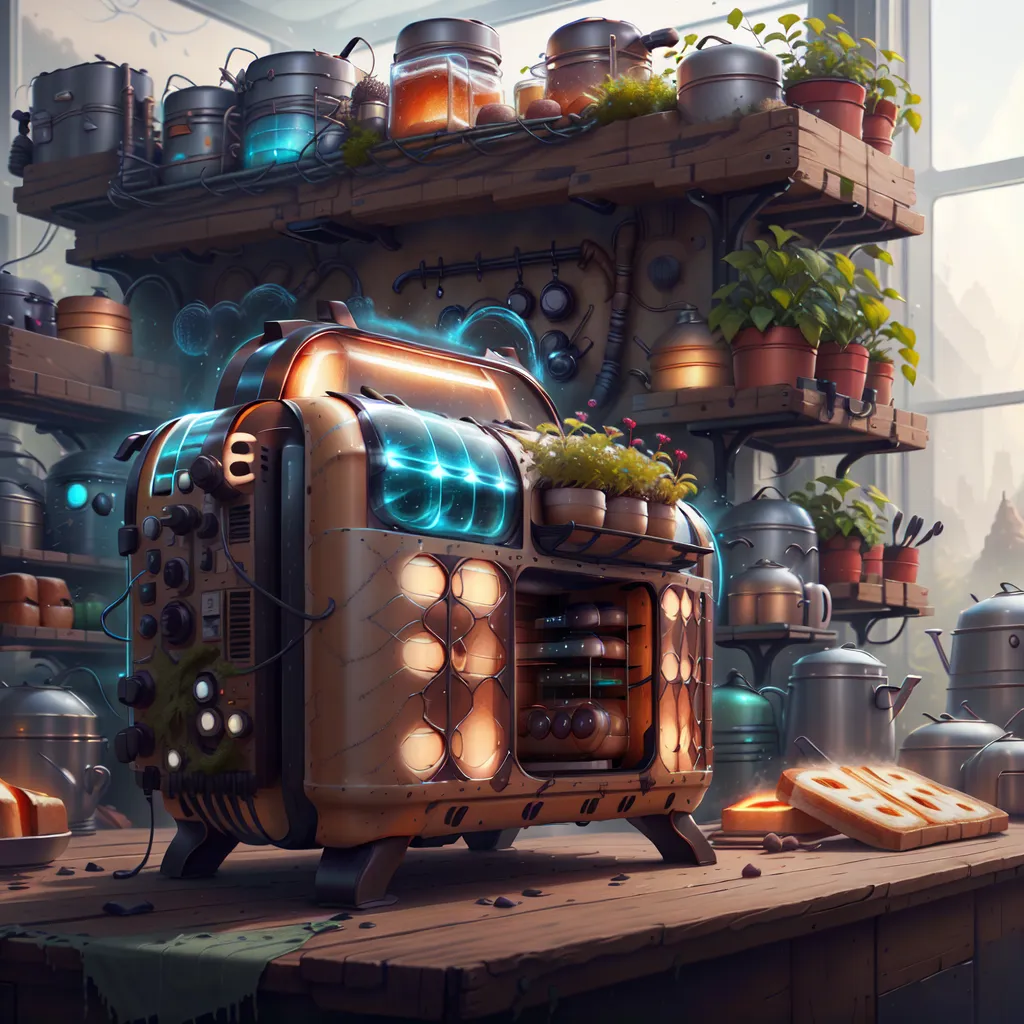 The image shows a steampunk style kitchen. There is a large machine in the center of the image that is used for cooking. It has a glowing blue light on the inside. There are shelves on the walls with various kitchen supplies and plants. There is a wooden table with a cutting board and some bread on it. The floor is made of wood and there is a rug on it. The overall atmosphere of the image is warm and inviting.