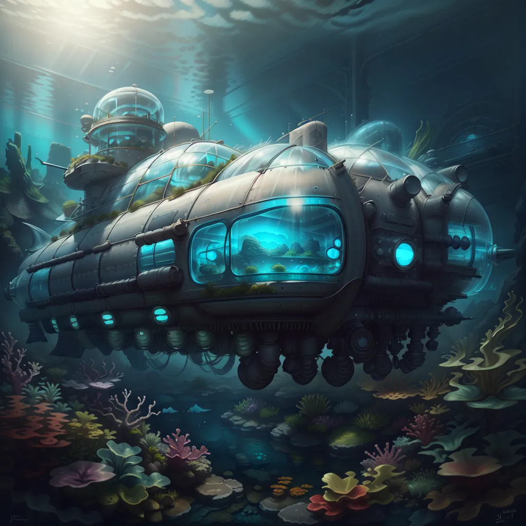 The image shows a submarine exploring the depths of the ocean. The sub is surrounded by a variety of colorful coral reefs and fish. The sub has a large glass window on the front, allowing the pilot to see the amazing underwater world.