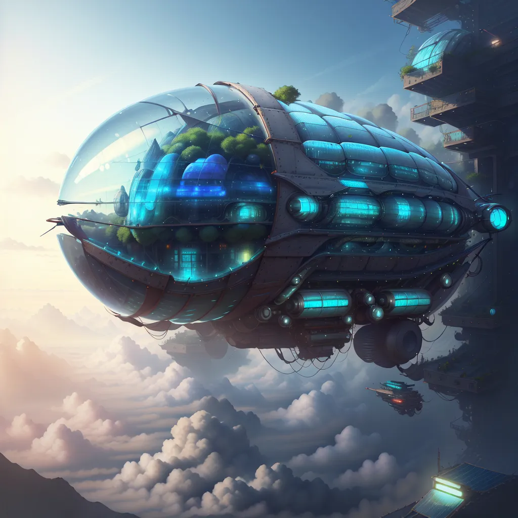 The image shows a futuristic airship. The airship is long and sleek, with a large, transparent bubble at the front. Inside the bubble, there are several plants and trees, as well as a small house. The airship is also equipped with several engines and thrusters. The airship is flying high above the clouds, and there is a clear blue sky above. In the background, there is a large city with many tall buildings.