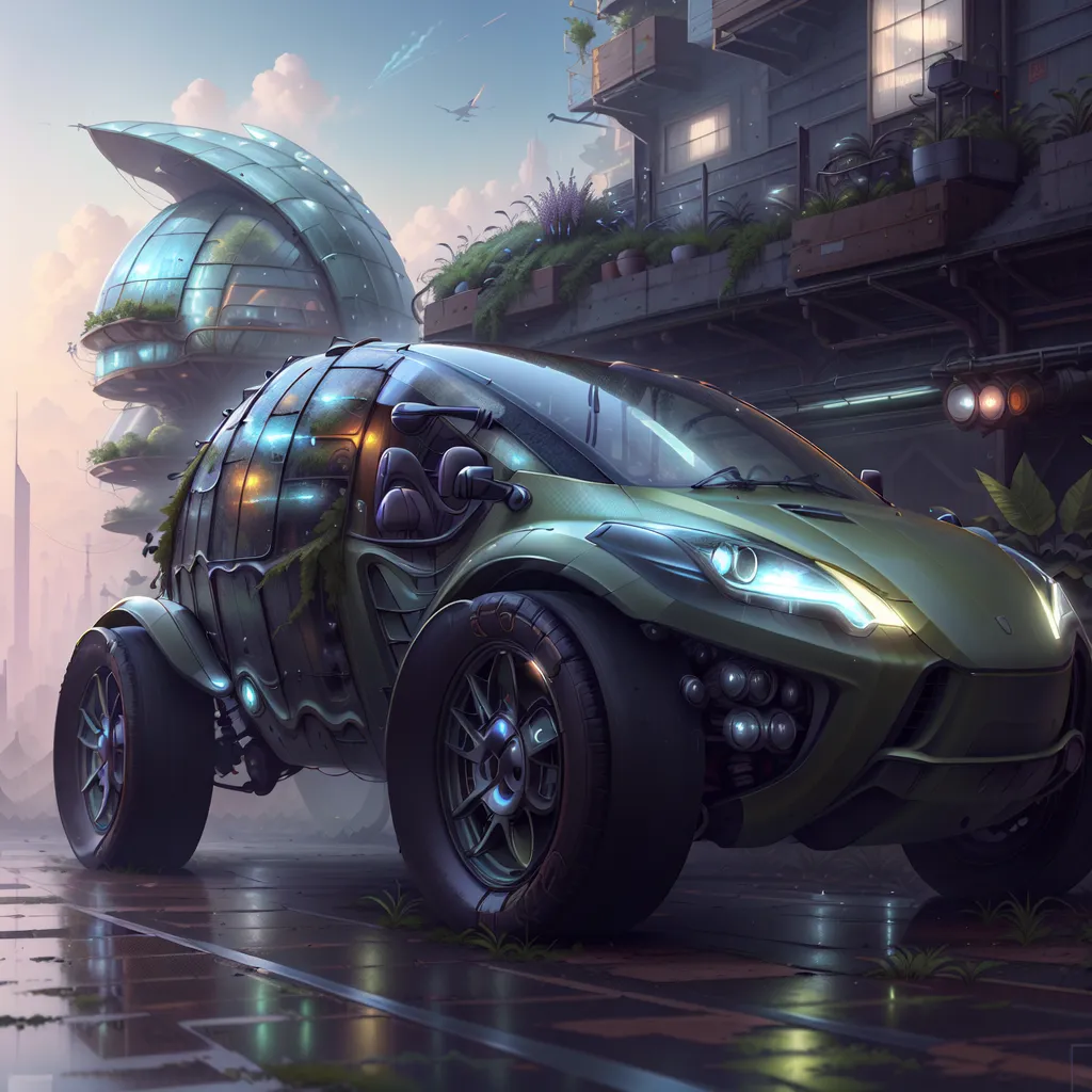 The image is set in a futuristic city. There is a flying car with a glass dome on top. The car is green and black and has a sleek design. There are plants growing on the car. The car is parked on a street with tall buildings on either side. The buildings are covered in plants. There are people walking on the street. The people are wearing futuristic clothes. The image is very detailed and realistic.