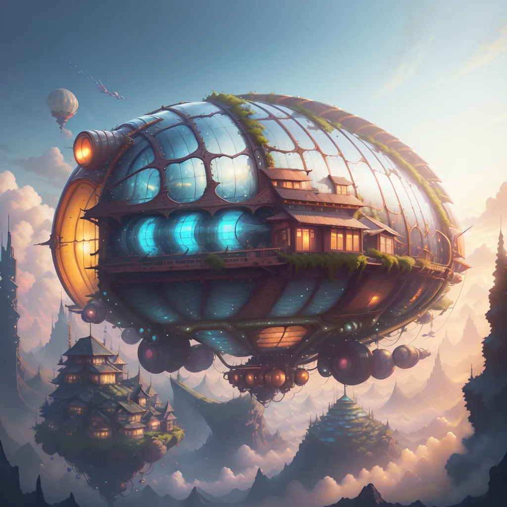 The image shows a steampunk airship. It is a large, cigar-shaped vessel with a wooden frame and a metal hull. The airship has two large propellers at the back and a number of smaller propellers on the sides. It is also equipped with a variety of weapons, including cannons and harpoons.

The airship is flying over a mountainous landscape. The mountains are covered in snow and ice. The airship is also passing by a number of small villages. The villages are built on stilts and are surrounded by trees.

The image is done in a realistic style. The colors are vibrant and the details are sharp. The image is also very atmospheric. It captures the feeling of adventure and excitement that is associated with steampunk.