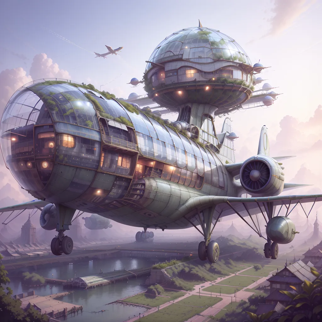 The image shows a large, futuristic aircraft. The aircraft has a long, cylindrical body with a large, spherical cockpit at the front. The cockpit is made of glass and has a green glow. The body of the aircraft is made of metal and has a number of windows. The aircraft also has a large engine at the back. The aircraft is flying over a city. The city is made up of a number of tall buildings and there are a number of trees and parks. The sky is blue and there are a few clouds.