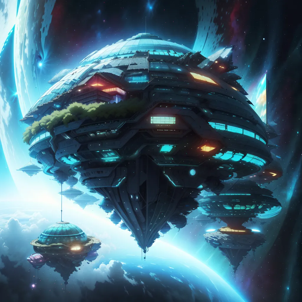 The image is a depiction of a futuristic space station. The station is a large, circular structure with a domed top. It has multiple decks and is surrounded by a number of smaller ships and structures. The station is lit up by bright lights. There are several planets and stars in the background.