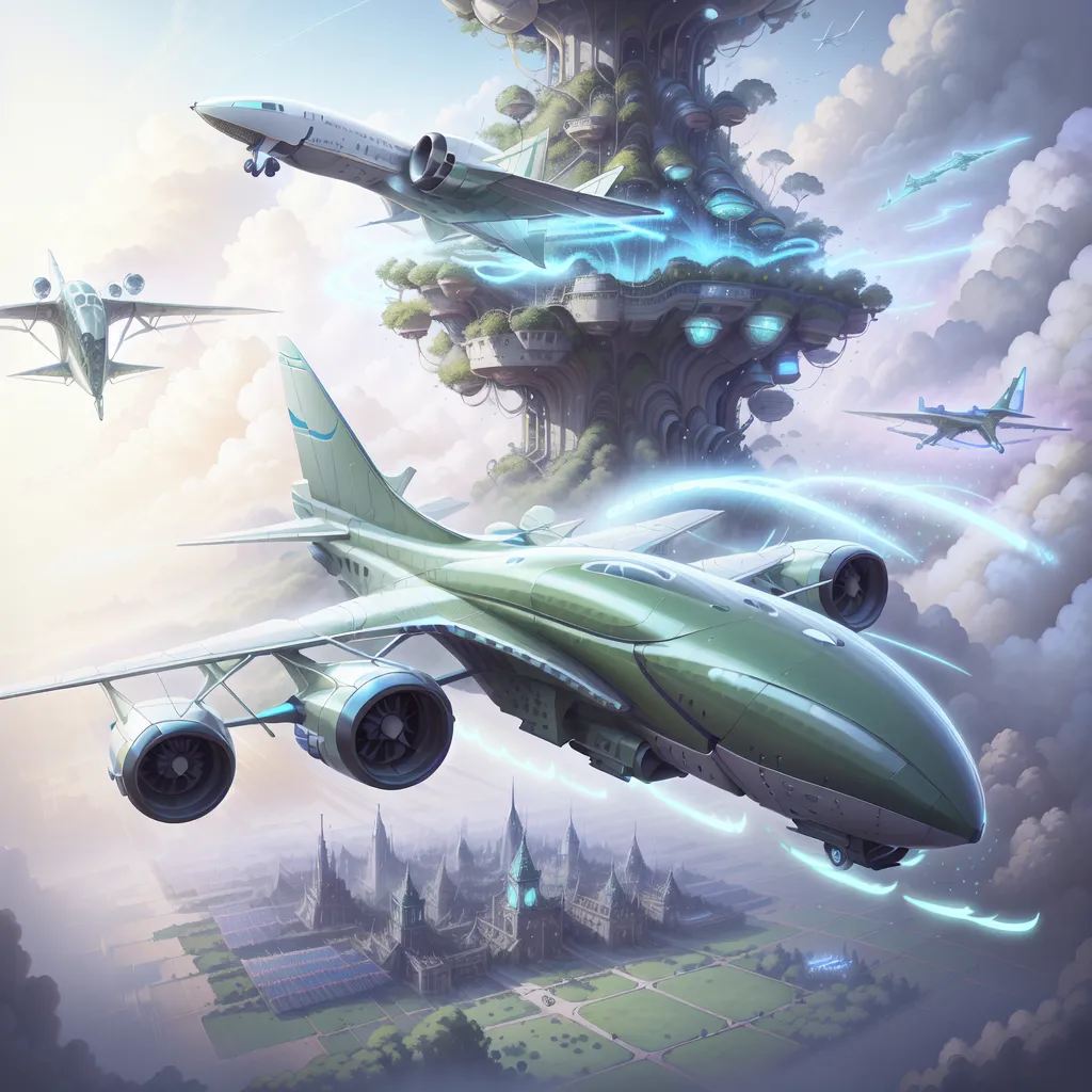 The image shows a futuristic city with a large tree at its center. The tree is surrounded by buildings and other structures, and there are several flying cars in the air. The sky is blue and cloudy, and the sun is shining. The image is very detailed, and it is clear that the artist put a lot of thought into creating it.