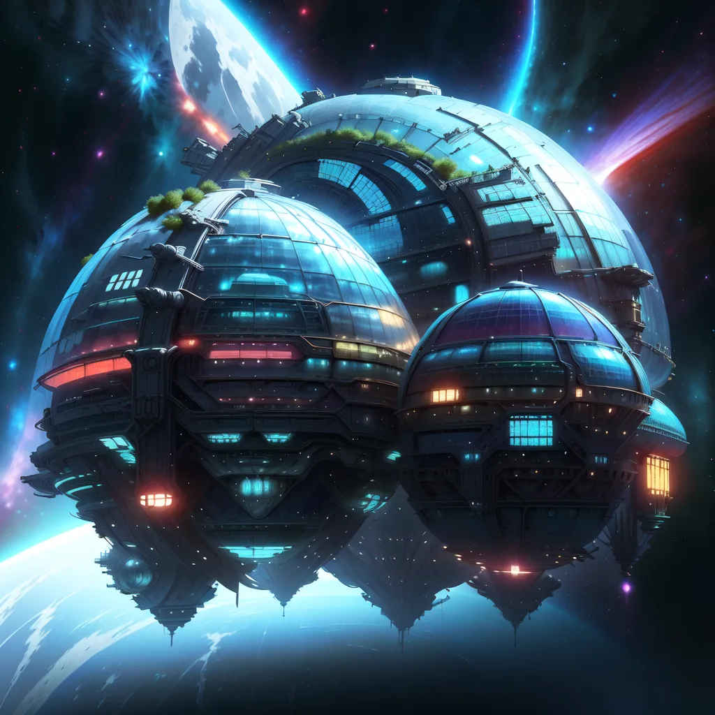 The image shows a futuristic space station. It consists of several large spheres connected by corridors. The spheres are made of glass and metal, and they are covered in lights. There are trees and plants growing on the surface of the station. There is a planet and a moon in the background.