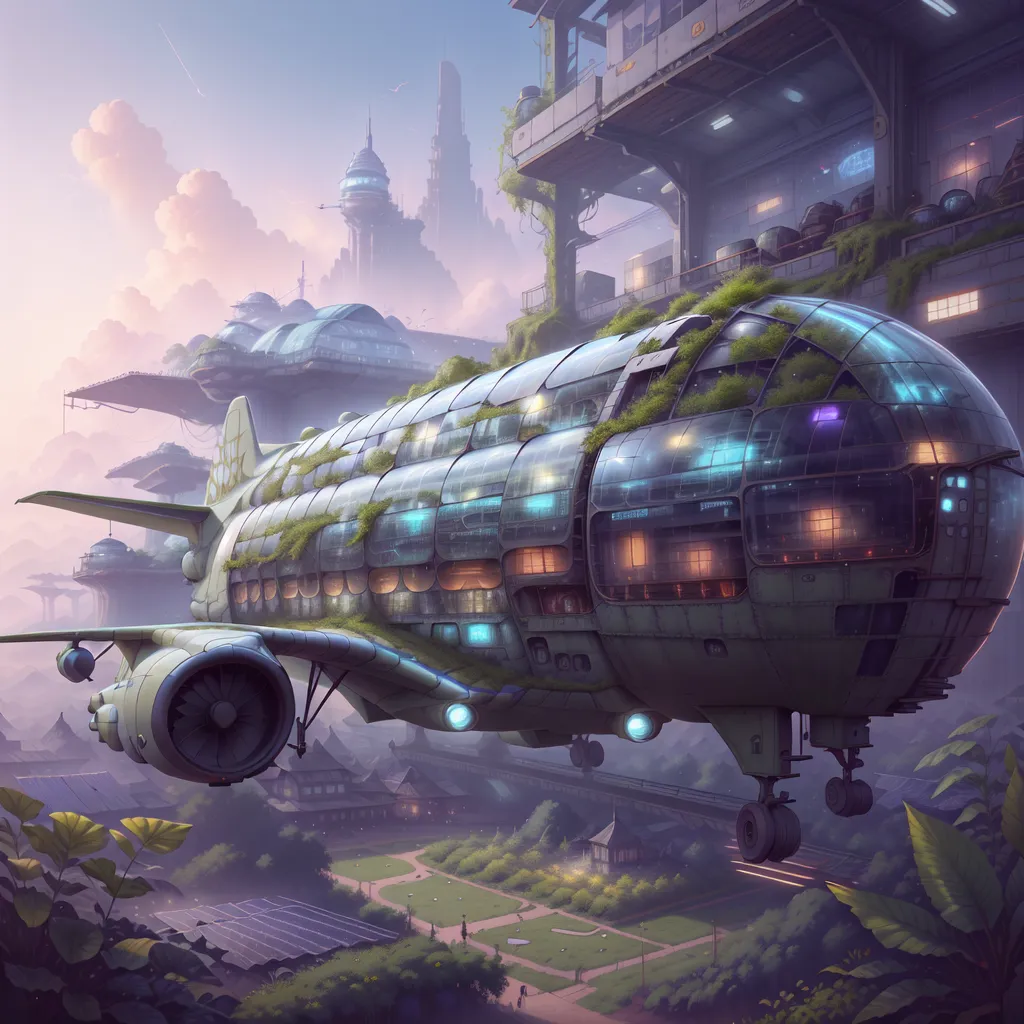 The image shows a futuristic city with flying cars and buildings. The city is built on a lush green landscape with a river running through it. The sky is a clear blue with a few clouds dotting the horizon. The image is full of life with people moving about and going about their daily business. The image is very detailed and shows a lot of thought and creativity went into creating it.