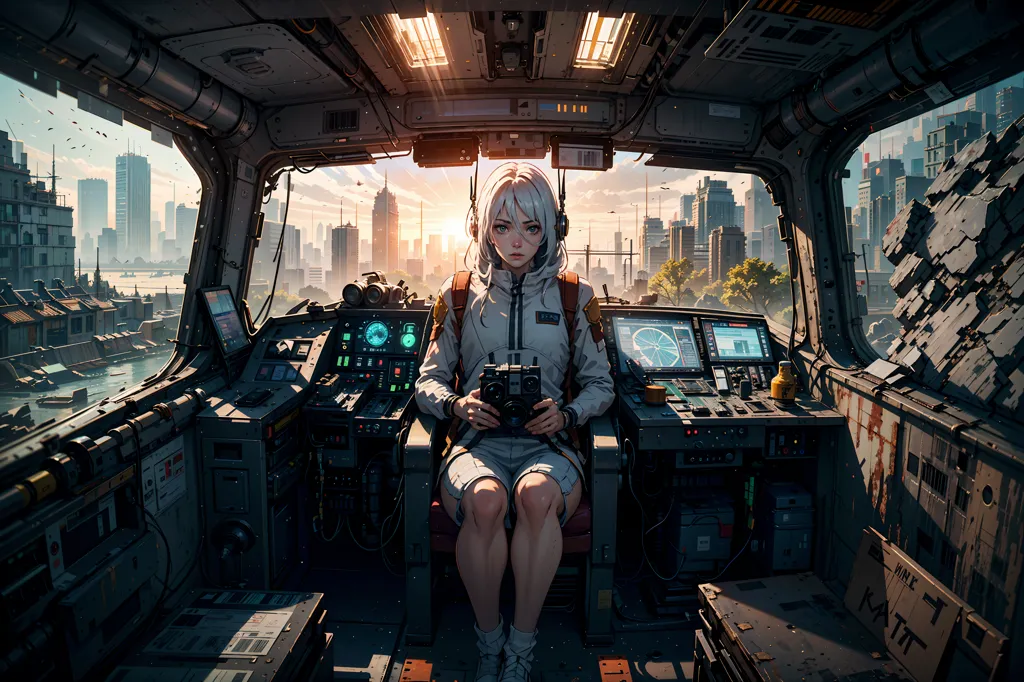 A young woman is sitting in the cab of a train. She is wearing a white jacket, gray shorts, and a black backpack. She has white hair and green eyes. She is looking at the outside of the window, which is a city. The city is full of tall buildings and skyscrapers. The sun is setting, and the sky is a bright sky.