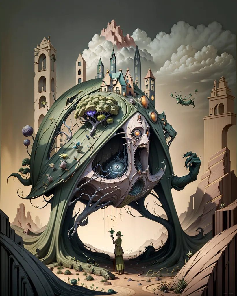 The image is a surreal landscape with a large, green, mossy creature in the center. The creature is hunched over and has a skull-like face with glowing white eyes. It is wearing a tattered cloak and has several trees and plants growing out of its back. The creature is standing in a desert surrounded by tall, rocky cliffs. There is a small figure standing in front of the creature. The figure is wearing a long brown robe and is holding a staff.