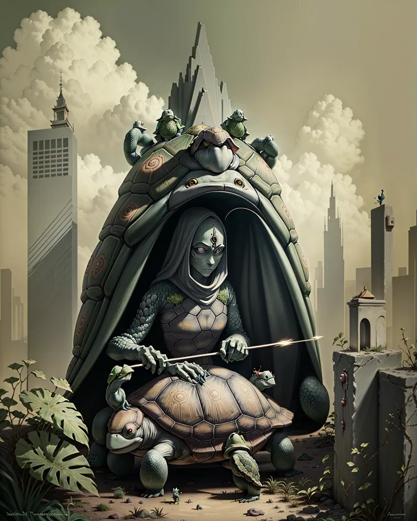 The image is a painting of a woman with green skin and pointed ears. She is wearing a green dress with a hood and has a large turtle shell on her back. She is sitting on a large turtle and there are small turtles crawling around her. The woman is holding a staff with a turtle shell on the end. The background of the image is a city with tall buildings and a large clock tower. The sky is cloudy and there is a hint of sunlight shining through the clouds.