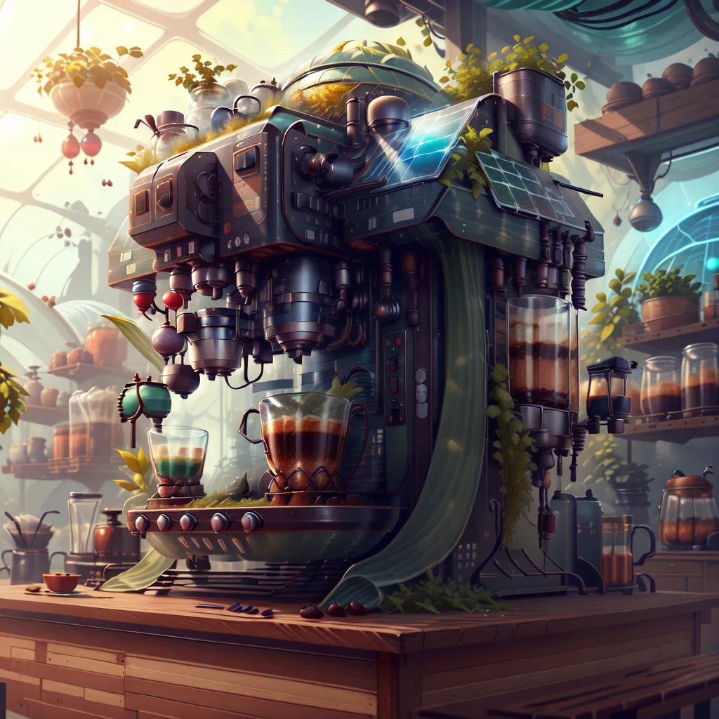 The image shows a coffee machine in a futuristic setting. The machine is made of metal and has a large glass globe on top. There are several tubes and wires connected to the globe, and the machine is surrounded by plants. There is a wooden table in front of the machine with two cups of coffee on it.