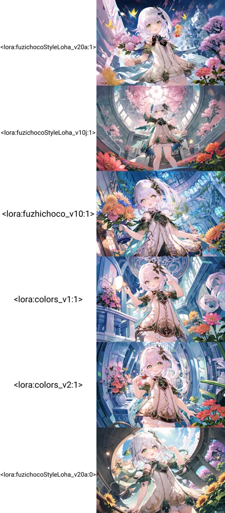 The image shows a comparison of different AI-generated images of a character named Nahida from the game Genshin Impact. The images are arranged in a grid, with the first row showing the original image, and the second row showing the image after it has been processed by the AI. The third row shows the image after it has been processed by the AI a second time, and the fourth row shows the image after it has been processed by the AI a third time. The fifth row shows the image after it has been processed by the AI a fourth time.

The first image is the original image of Nahida. She is standing in a field of flowers, wearing a white dress with a green cape. Her hair is long and white, and she has a flower in her hair. The image is bright and colorful, and the background is detailed.

The second image is the image after it has been processed by the AI. The image is now more stylized, and the colors are more vibrant. The background is also more detailed, and there are now more flowers in the field. Nahida's dress is also more detailed, and she is now wearing a necklace.

The third image is the image after it has been processed by the AI a second time. The image is now even more stylized, and the colors are even more vibrant. The background is also even more detailed, and there are now even more flowers in the field. Nahida's dress is also even more detailed, and she is now wearing a bracelet.

The fourth image is the image after it has been processed by the AI a third time. The image is now even more stylized, and the colors are even more vibrant. The background is also even more detailed, and there are now even more flowers in the field. Nahida's dress is also even more detailed, and she is now wearing a ring.

The fifth image is the image after it has been processed by the AI a fourth time. The image is now even more stylized, and the colors are even more vibrant. The background is also even more detailed, and there are now even more flowers in the field. Nahida's dress is also even more detailed, and she is now wearing a tiara.