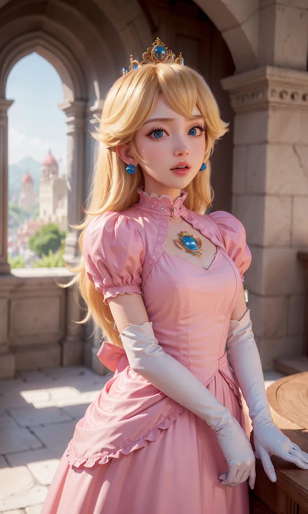 The image shows a young woman dressed as Princess Peach from the Super Mario Bros. franchise. She is wearing a pink dress with a white collar and gloves, and has a blue jewel on her chest. Her blonde hair is styled in a ponytail, and she is wearing a gold crown. She is standing in a courtyard, with a stone wall and pillars in the background.