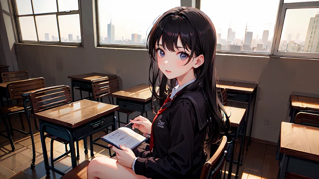 The image shows a young girl with long black hair sitting in a classroom. She is wearing a black school uniform with a red tie. The girl is sitting in a chair at a wooden desk. She has a book open on her lap and is holding a pen in her right hand. She is looking at the camera with a slightly puzzled expression on her face. The classroom is empty, with no other students present. The windows in the background show a cityscape with tall buildings.