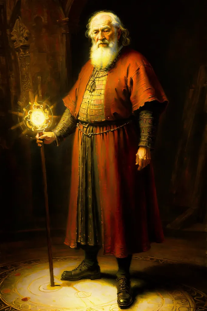 The image is of a tall, old man with a long white beard. He is wearing a red robe with a white collar and a gold chain around his neck. He is holding a staff with a glowing orb on the end. He is standing in a dark room with a stone floor. There is a large circle of arcane symbols on the floor around him. The man's eyes are closed and he has a serene expression on his face.