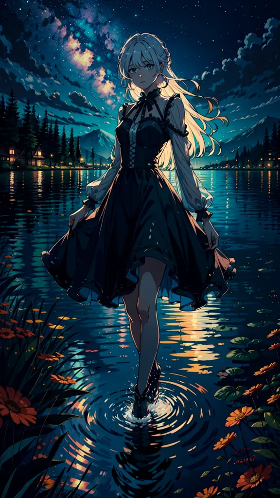 The picture shows a beautiful anime girl with long white hair and blue eyes. She is wearing a black dress with a white collar. The girl is standing in a lake, surrounded by flowers and plants. The water is rippling around her feet. In the background, there is a forest and a mountain. The sky is dark, and there are stars and clouds in the sky.