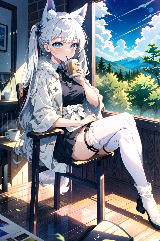 The image is of a young woman with white hair and blue eyes. She is sitting in a chair in a room with a large window. The window is open, and there is a view of a forest and mountains in the distance. The woman is wearing a black dress with a white collar and a white bow. She is also wearing white stockings and black shoes. She has a cup in her hand. She is looking at the view outside the window.