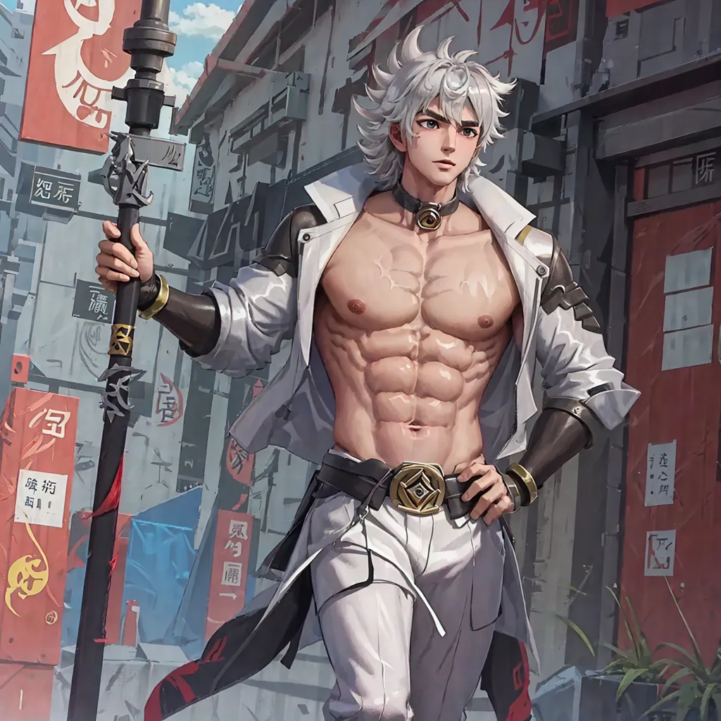 The image is of a muscular young man with white hair and silver eyes. He is wearing a white jacket with a black vest underneath, black pants, and a brown belt. He is also wearing several pieces of jewelry, including a necklace, a bracelet, and earrings. He is holding a large polearm in his right hand. The background of the image is a busy street in a Chinese-style city. There are buildings, signs, and people all around. The man is walking towards the viewer with a confident expression on his face.