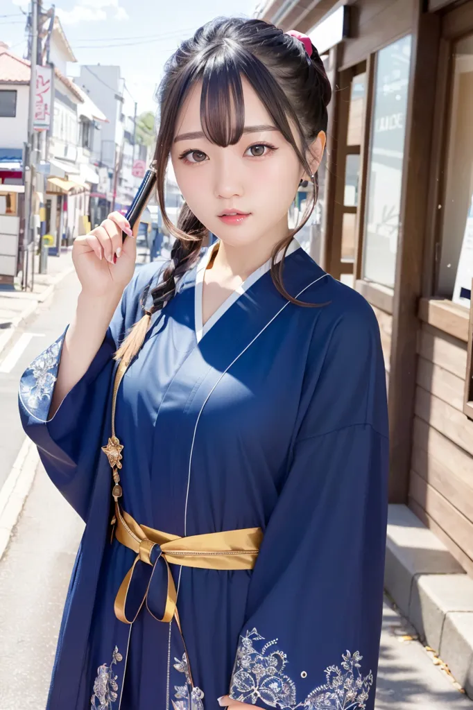 The image shows a young woman wearing a blue kimono with a white obi. The kimono has a floral pattern and a white collar. The woman has long black hair with bangs and brown eyes. She is holding a pen and looking at the camera. She is standing in a traditional Japanese street with wooden houses and a stone wall in the background.