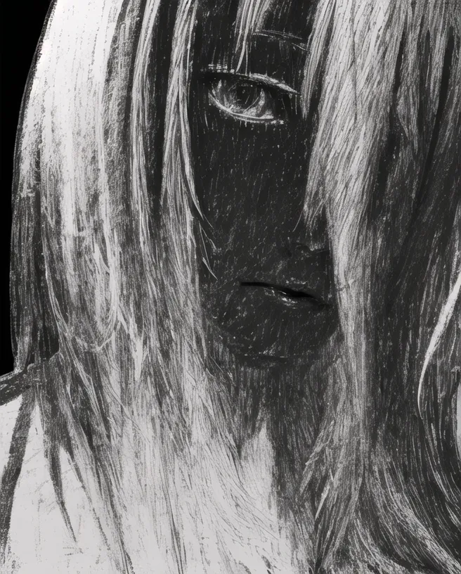 The image is a black-and-white portrait of a young woman with long, flowing hair. The woman's face is partially obscured by her hair, but her eyes are visible. The image is drawn in a realistic style, and the woman's expression is one of sadness or resignation.