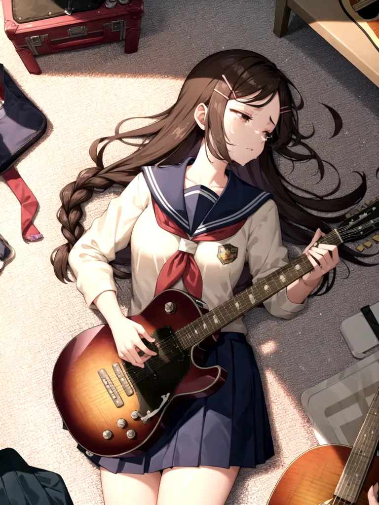 The image depicts a young girl with long brown hair and brown eyes. She is wearing a white blouse, a blue pleated skirt, and a red tie. She is sitting on the floor with a brown electric guitar in her hands. The girl has a sad expression on her face and seems to be crying. There are musical instruments and a suitcase near her.