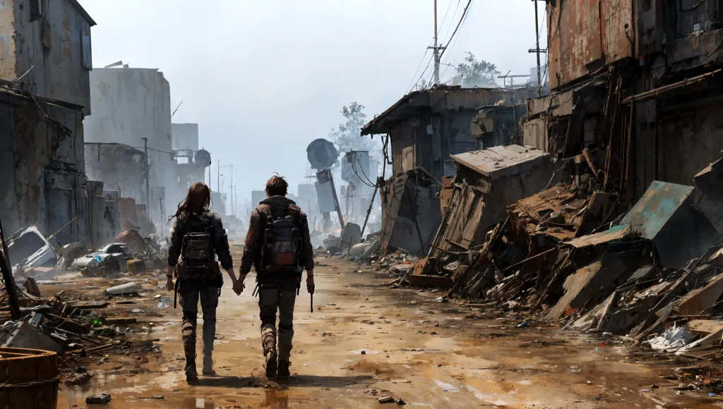 The image shows a post-apocalyptic city. The buildings are in ruins and the streets are littered with debris. There are two figures walking away from the camera. They are both wearing tattered clothes and carrying backpacks. They are holding hands. The image is in muted colors and the atmosphere is one of hopelessness and despair.