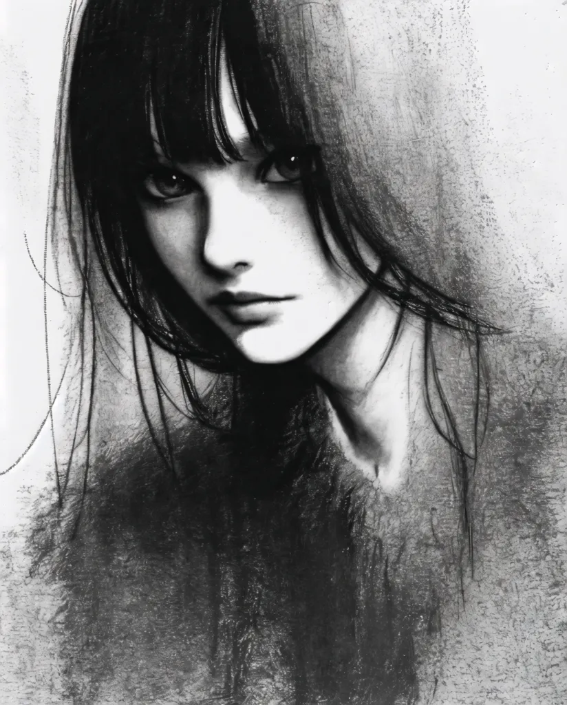 The image is a black-and-white portrait of a young woman. She has long, dark hair and bangs that cover her eyebrows. Her eyes are almond-shaped and downcast. Her nose is small and her lips are slightly parted. She is wearing a dark-colored coat or sweater. The background is a light gray and the foreground is a dark gray. The image is drawn in a realistic style and the artist has used shading to create depth and dimension. The overall tone of the image is one of sadness or melancholy.