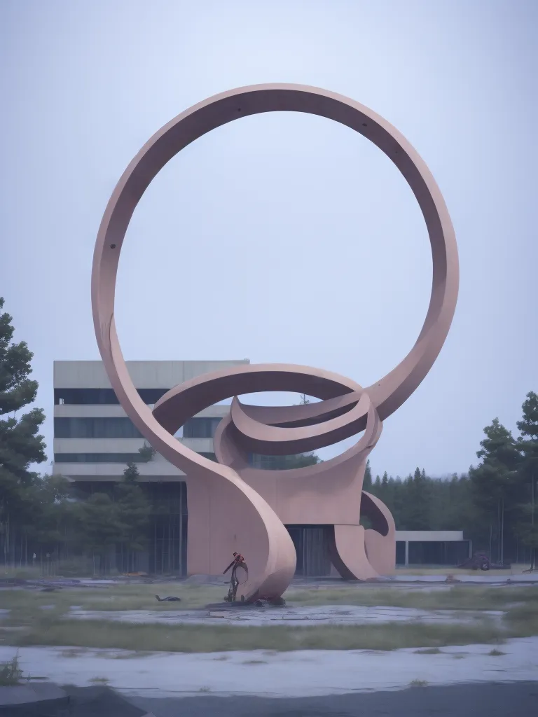 The image shows a large, pink, metal sculpture in the shape of a circle. The sculpture is located in a field with a large, modern building in the background. There are also trees and a road in the background. The sculpture is made of curved lines and has a smooth surface. It is abstract and does not resemble any real-world object.