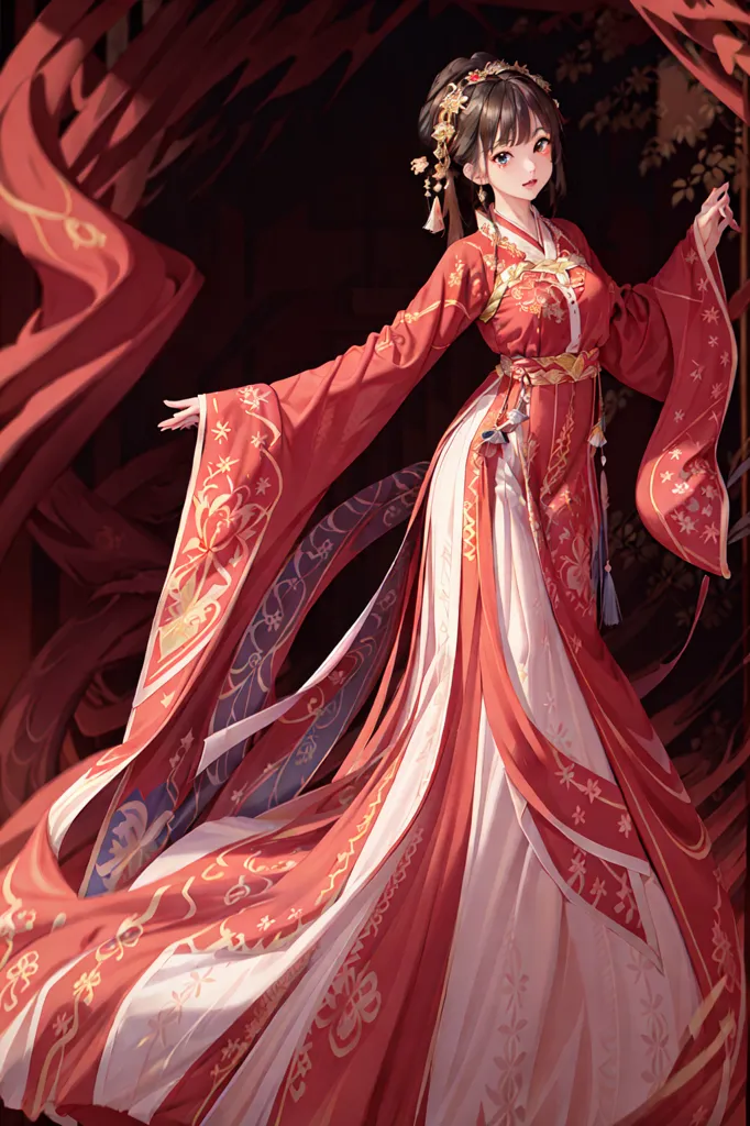 The picture shows a young woman in a red and white dress with long sleeves. The dress has a long train and is decorated with gold and silver thread. The woman has long black hair and is wearing a traditional Chinese headdress. She is standing in front of a red curtain.