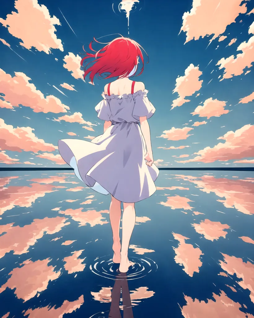 This is an image of a girl with bright red hair, wearing a white dress, walking on a reflective surface. The surface looks like water, and the sky is cloudy. The girl is looking down and to the left. She is barefoot.