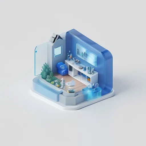 The image is a 3D rendering of a room. The room is made of glass and has a blue tint. There is a blue robot in the room. The robot has a white screen for a face. There is a plant in the room. The plant is green and has a long stem. There is a window in the room. The window is open and there is a view of the outside. There is a blue table in the room. The table is made of glass and has a blue vase on it. The vase is filled with water and there are some flowers in it. There is a blue chair in the room. The chair is made of glass and has a blue cushion. There is a blue rug in the room. The rug is made of glass and has a blue pattern on it.