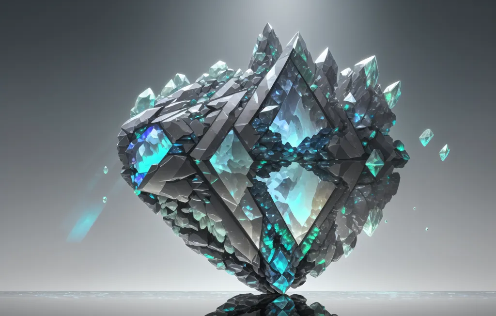 La imagen es un renderizado 3D de un cristal azul y gris. El cristal está compuesto por muchos cristales pequeños y afilados que se organizan en un grupo. El cristal está iluminado por una luz brillante que proviene de la esquina superior izquierda de la imagen. El cristal está reflejando la luz y proyectando sombras sobre la superficie debajo de él. El cristal parece estar flotando en el aire y hay un fondo gris.