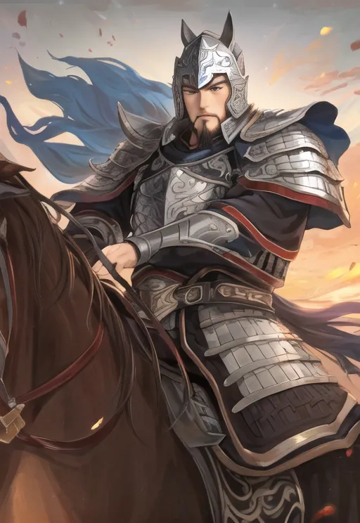 The image shows a Chinese warrior on a horse. He is wearing a silver and gray armor and a blue cape. He has a sword in his right hand and a shield in his left hand. The horse is brown and has a black mane and tail. The background is a sunset with a mountain in the distance.