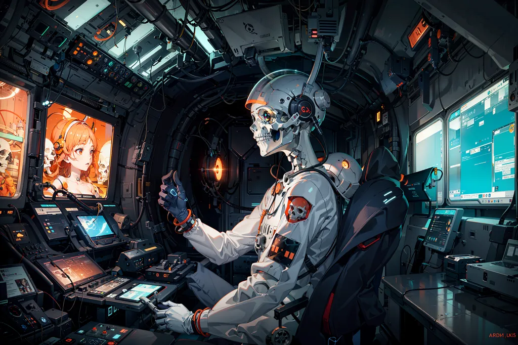 The image is a skeleton of a person sitting in a chair in a spaceship. The skeleton is wearing a white spacesuit with a black and red striped tie. It is also wearing a pair of headphones. The spaceship is full of computers and other electronic equipment. There is a large window in front of the skeleton that shows a planet.