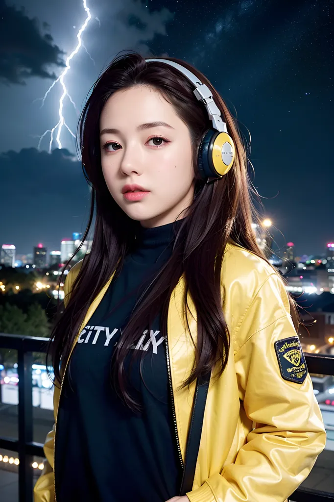 The image shows a young woman, probably in her early 20s, wearing a yellow jacket, black turtleneck, and headphones. She has long, dark hair and light makeup on. There is a storm in the background with lightning and dark clouds. The city lights can be seen in the distance. The woman is standing on a rooftop, looking out at the city. She has a confident expression on her face.