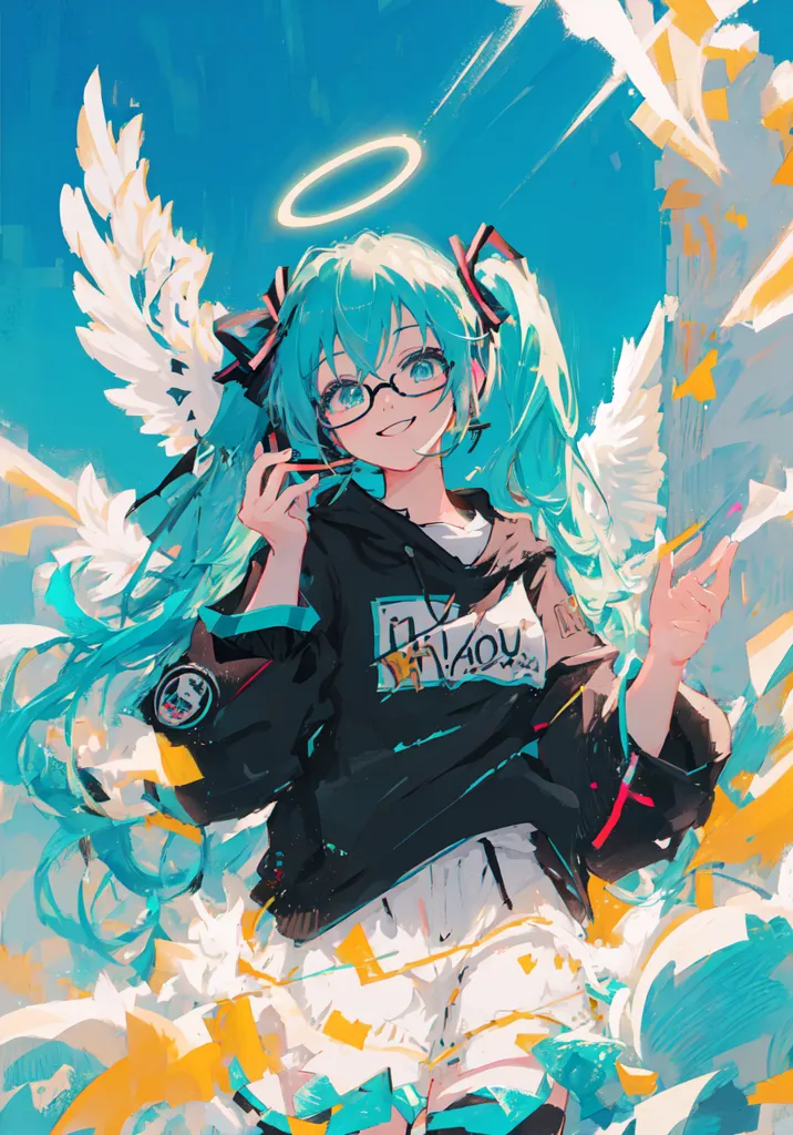 This image is an illustration of a young woman with long, flowing green hair. She is wearing a black hoodie with white sleeves and a pair of glasses. She also has a pair of headphones on and a halo above her head. She is standing in front of a blue background with a pair of large, white wings outstretched behind her. The wings are made of feathers that are shaped like leaves. The woman is smiling and holding a paintbrush in her right hand. She is also wearing a pair of white shorts and a pair of black sneakers.