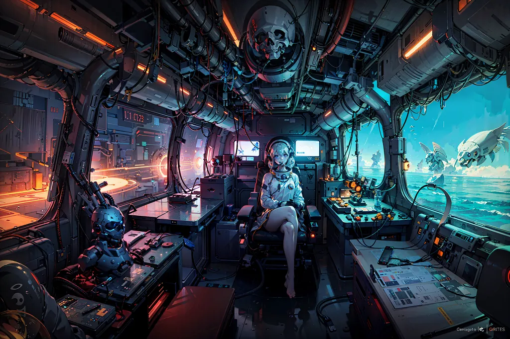 The image is a digital painting of a futuristic spaceship interior. The ship is dark and grungy, with a lot of exposed metal and machinery. There is a large window on the left side of the ship, which shows a view of a planet. There is a woman sitting in a chair in the center of the ship. She is wearing a white shirt and shorts, and she has a headset on. She is looking at a control panel. There is a robot standing next to her. The robot is grey and has a skull for a head. There are also a couple of other robots in the ship. The image is full of detail, and it is clear that the artist put a lot of thought into creating it.