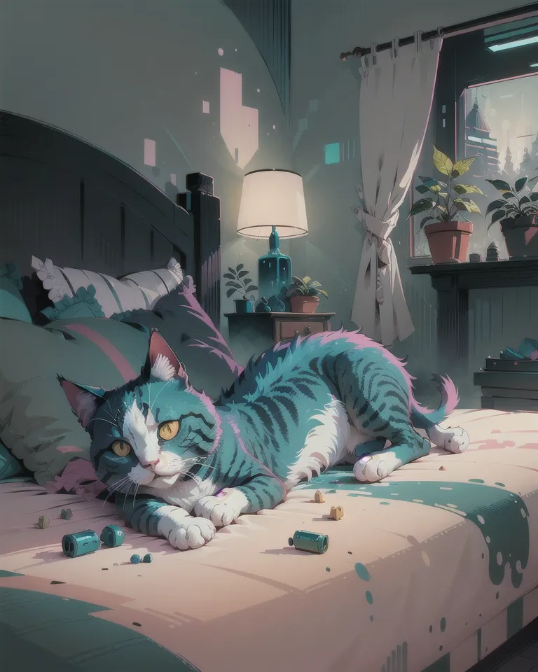 La imagen es una pintura de un gato acostado en una cama. El gato es azul y blanco, con una cola larga y ojos verdes. Está mirando al espectador con una expresión curiosa. La cama está cubierta con una manta blanca y hay una lámpara, un jarrón y una planta en maceta en la mesita de noche junto a ella. La habitación está decorada en un estilo moderno, con paredes de color azul claro y muebles blancos. Hay una ventana grande que deja entrar mucha luz natural. El ambiente general de la pintura es pacífico y relajante.