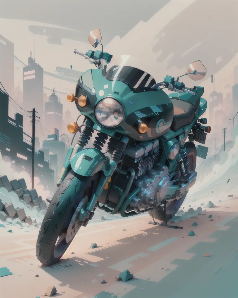 The image is a painting of a blue and green motorcycle. It is parked in a city. There are tall buildings in the background. The motorcycle is in the foreground. It is a sport bike. It has a black seat. The motorcycle is facing the viewer. The painting is realistic. The colors are vibrant. The image is clear.