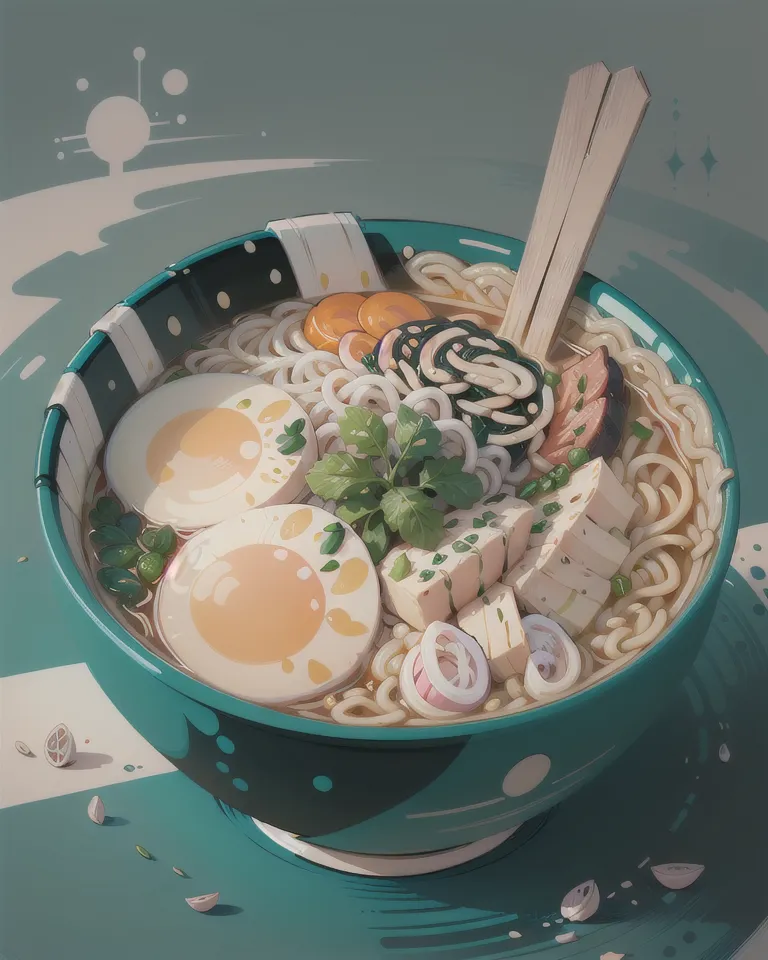 A bowl of ramen with chopsticks resting on the side. The ramen has noodles, two halves of a boiled egg, and other ingredients such as bamboo shoots and green onions. The bowl is decorated with a blue and white pattern.