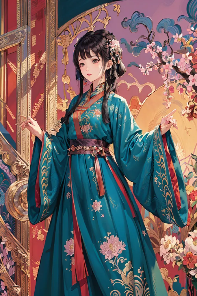 The image shows a young woman wearing a traditional Chinese dress. The dress is blue with floral patterns and a red sash around the waist. The woman has long black hair with pink flowers in it. She is standing in front of a red and gold door with intricate designs. There are also pink and white flowers in the background.