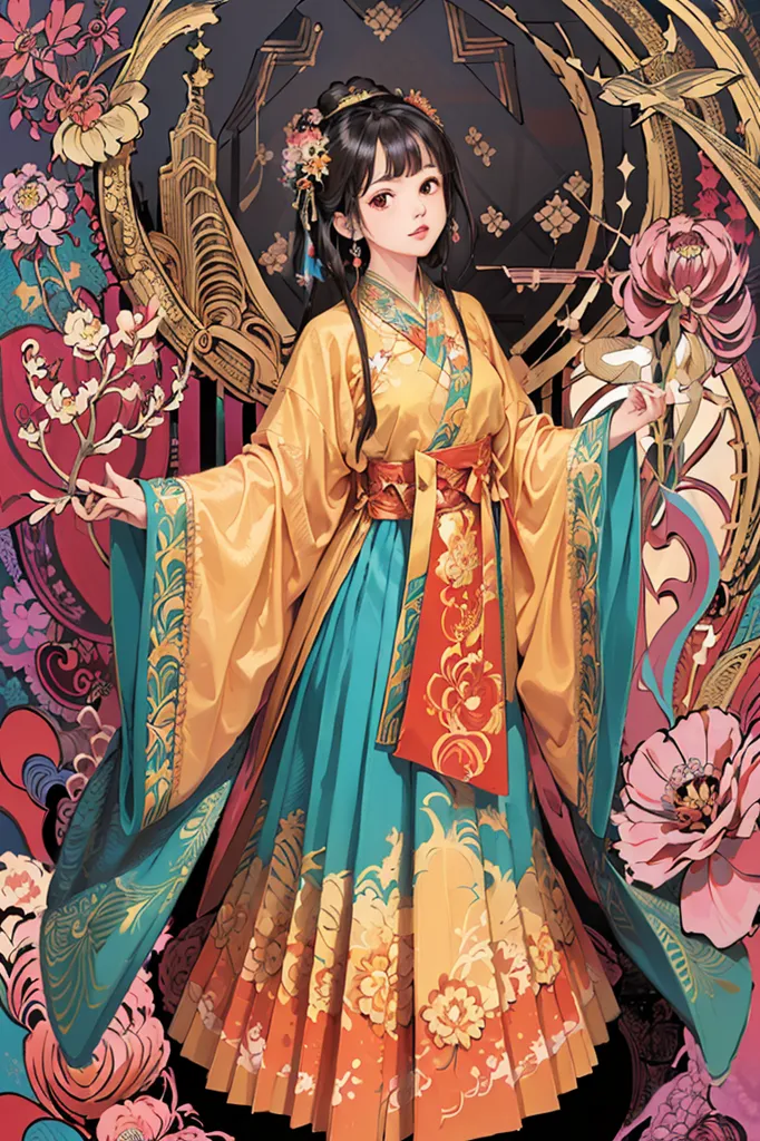 A imagem mostra uma jovem mulher vestindo um vestido tradicional chinês. O vestido é amarelo e azul com padrões florais intrincados. A mulher tem cabelos pretos longos e está usando uma faixa vermelha em torno da cintura. Ela está em pé diante de um espelho redondo com flores rosa e brancas ao fundo.