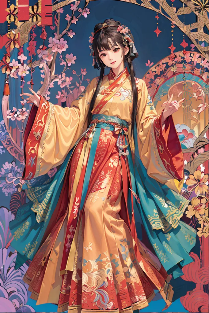 The image is a painting of a young woman in a traditional Chinese dress. She is standing in a garden with a pink flowering tree behind her. The woman is wearing a long, yellow dress with a red and blue sash. The dress is decorated with intricate patterns and flowers. The woman has long, black hair and is wearing a traditional Chinese hairstyle. She is also wearing red lipstick and has a beauty mark on her left cheek. The painting is done in a realistic style and the colors are vibrant and lifelike. The woman is depicted as being beautiful and graceful. The painting is a good example of traditional Chinese art.