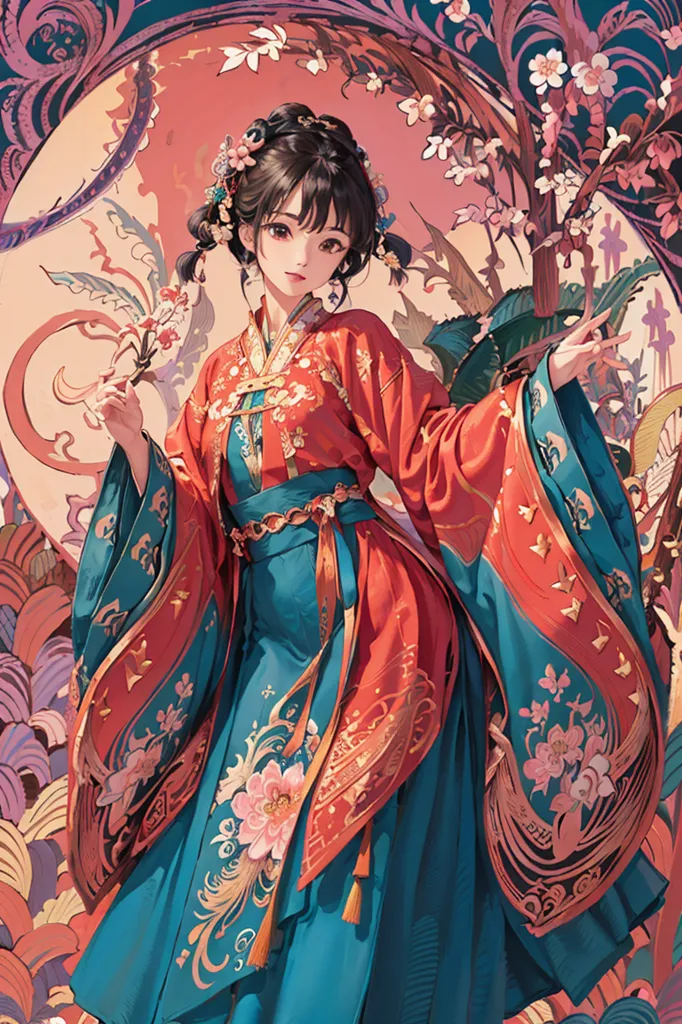 Cette image montre une jeune femme debout dans un jardin. Elle porte un hanfu rouge et bleu avec une broderie florale complexe. Ses cheveux sont relevés en chignon et elle tient une fleur. L'arrière-plan est un dégradé rose et bleu avec un motif floral.