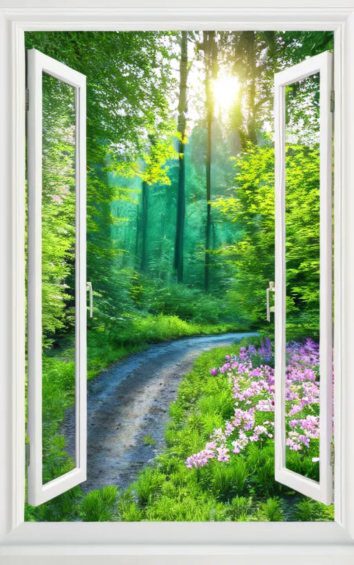 The image shows an open window. Through the window, we can see a dirt road in a dense forest. The trees are tall and green, and the leaves are full. The sun is shining through the trees, creating a dappled pattern on the ground. There are some purple flowers on the side of the road. The window is white and has two handles.