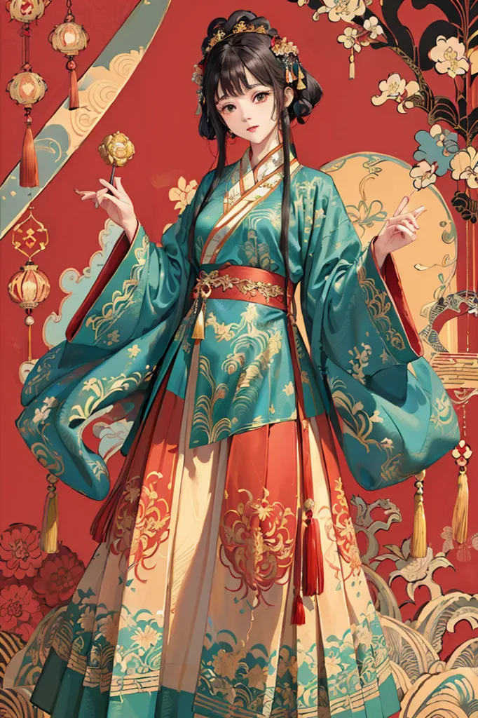 L'image montre une jeune femme portant une robe traditionnelle chinoise. La robe est verte avec des accents rouges et dorés. La femme a de longs cheveux noirs et porte un couvre-chef rouge et doré. Elle porte également un maquillage traditionnel chinois. L'arrière-plan de l'image est rouge avec des accents dorés. Il y a aussi quelques fleurs et plantes en arrière-plan. La femme est debout dans une pose confiante et semble prête à célébrer la nouvelle année.